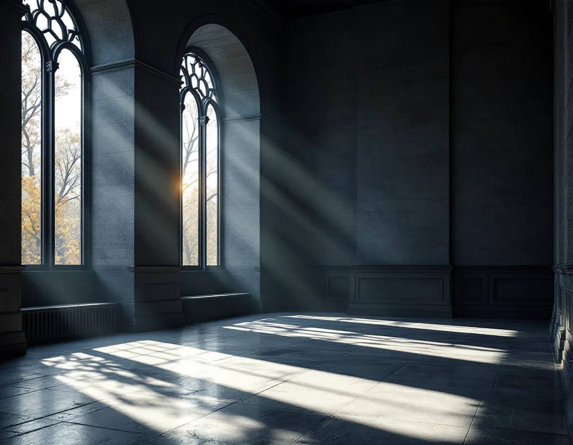 Low sunlight crossing a symmetrical arched reading room with a stone floor
