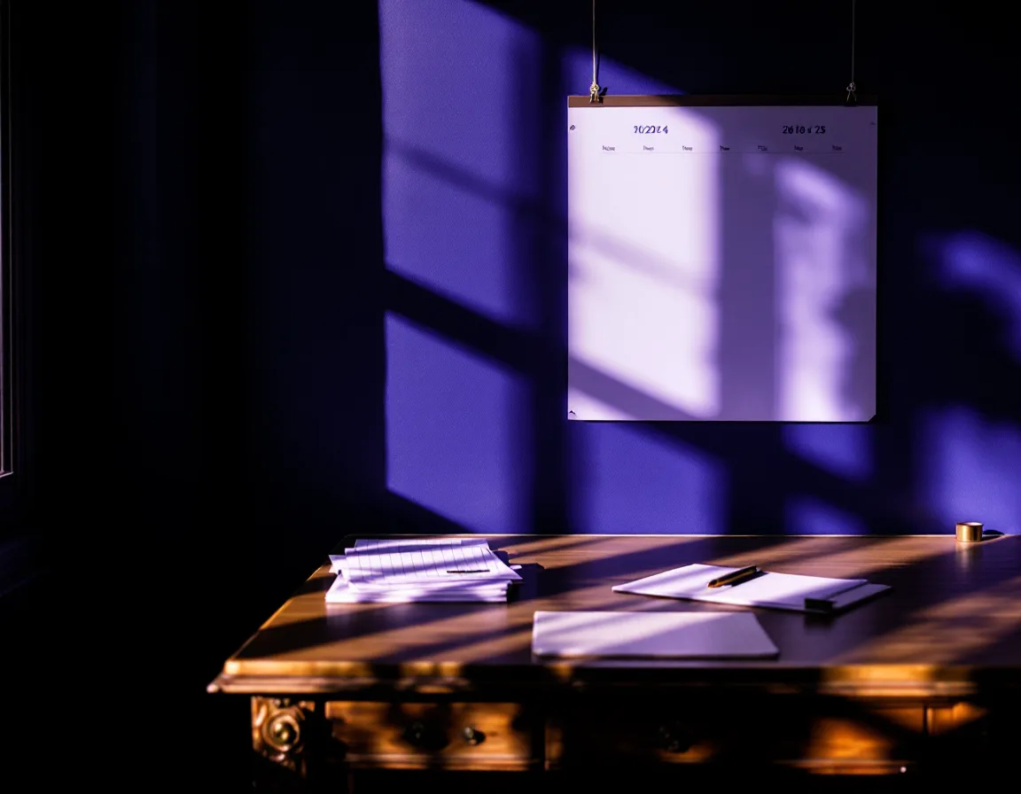 A printed proposal, a pencil and reading glasses on a desk beside an arched window at dusk